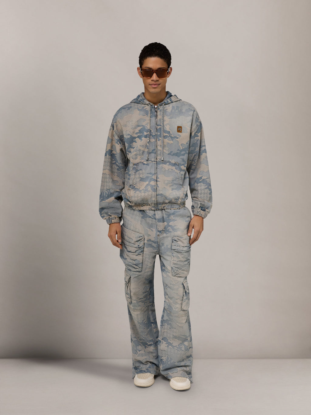 CAMO JACQUARD DENIM ZIP HOODIE - Camo Indigo