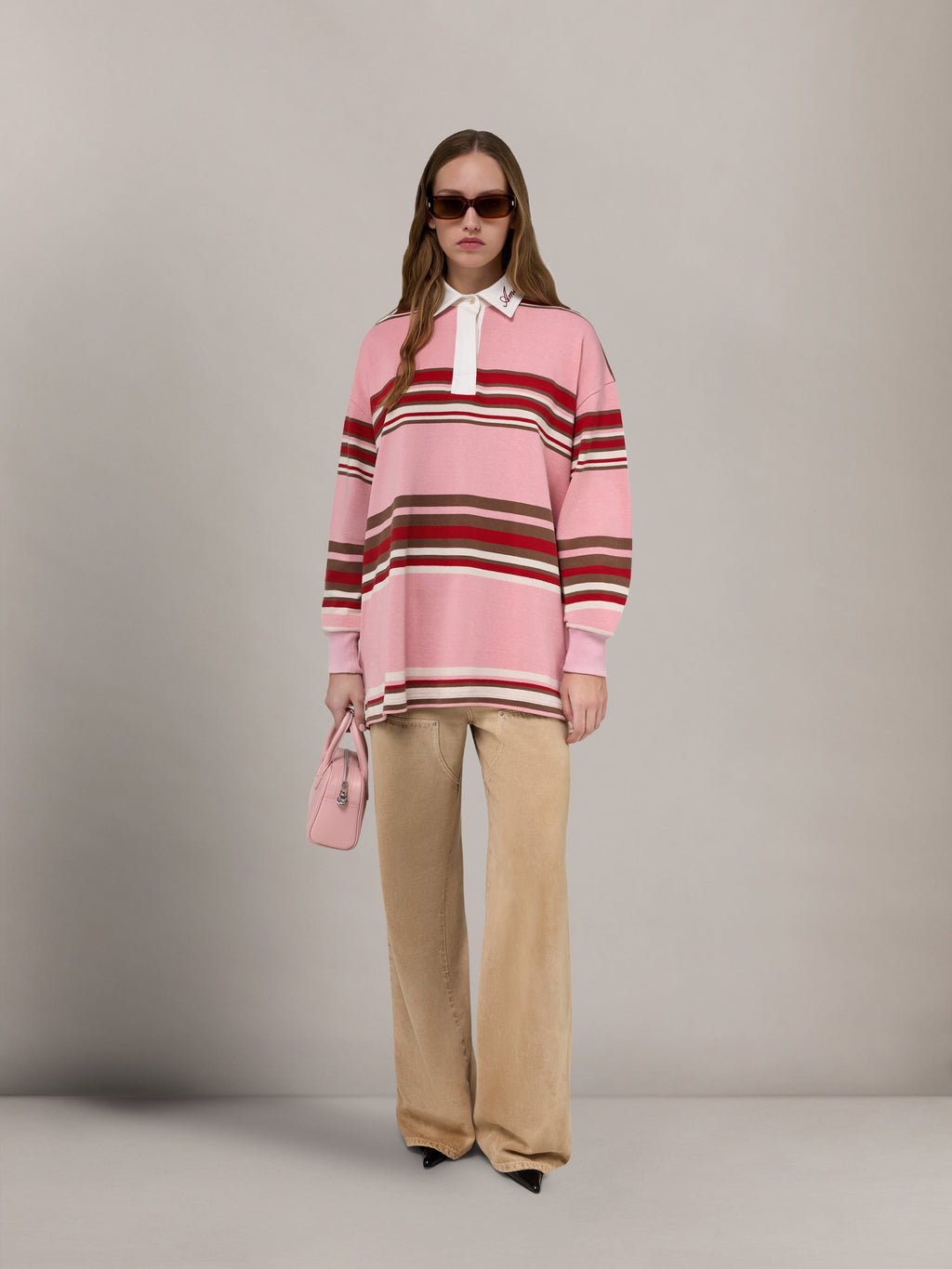 WOMEN - WOMEN'S STRIPED OVERSIZED LONG SLEEVE POLO - Pink