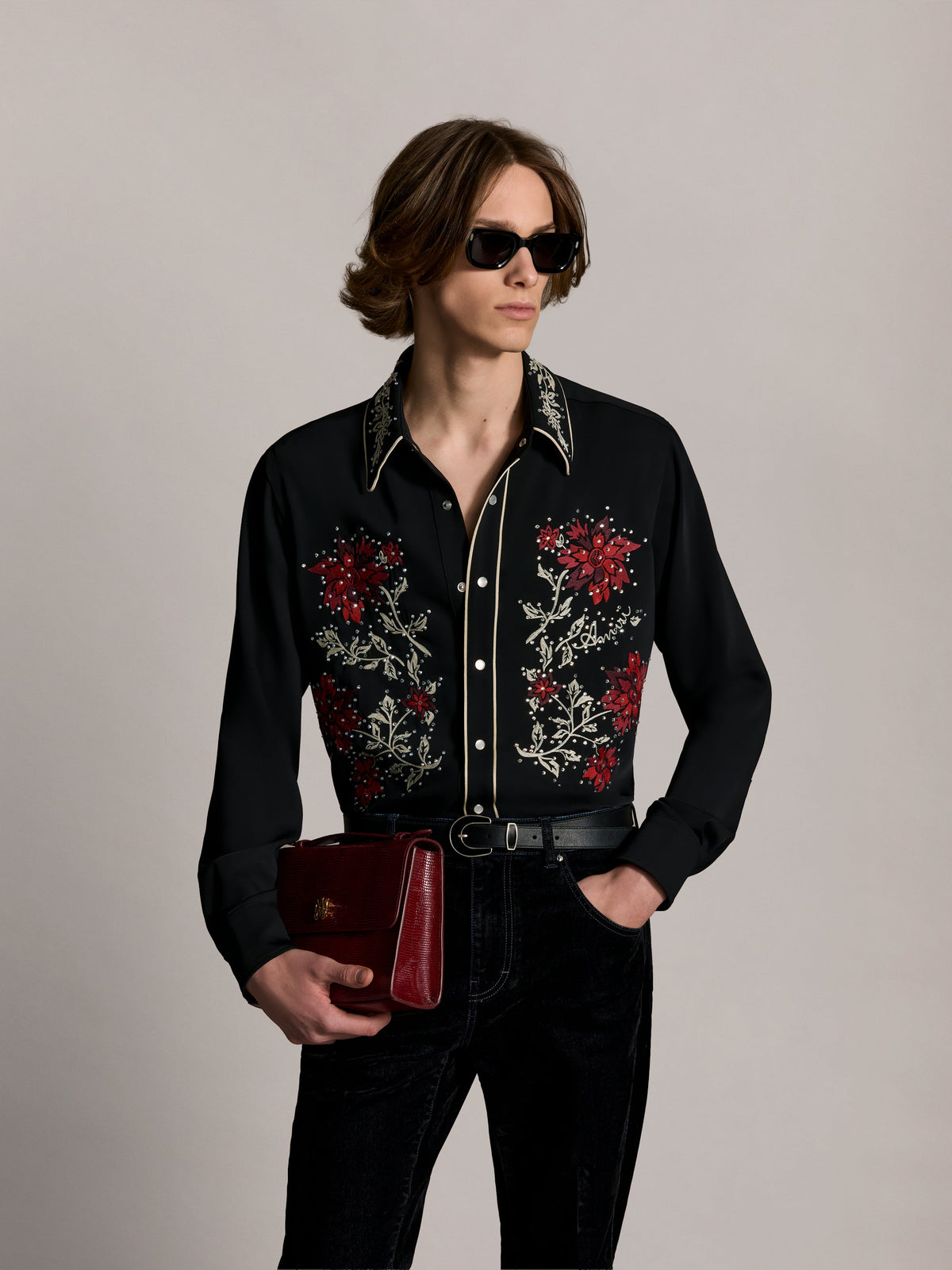 EMBELLISHED FLOWERS LONG SLEEVE SHIRT - Black