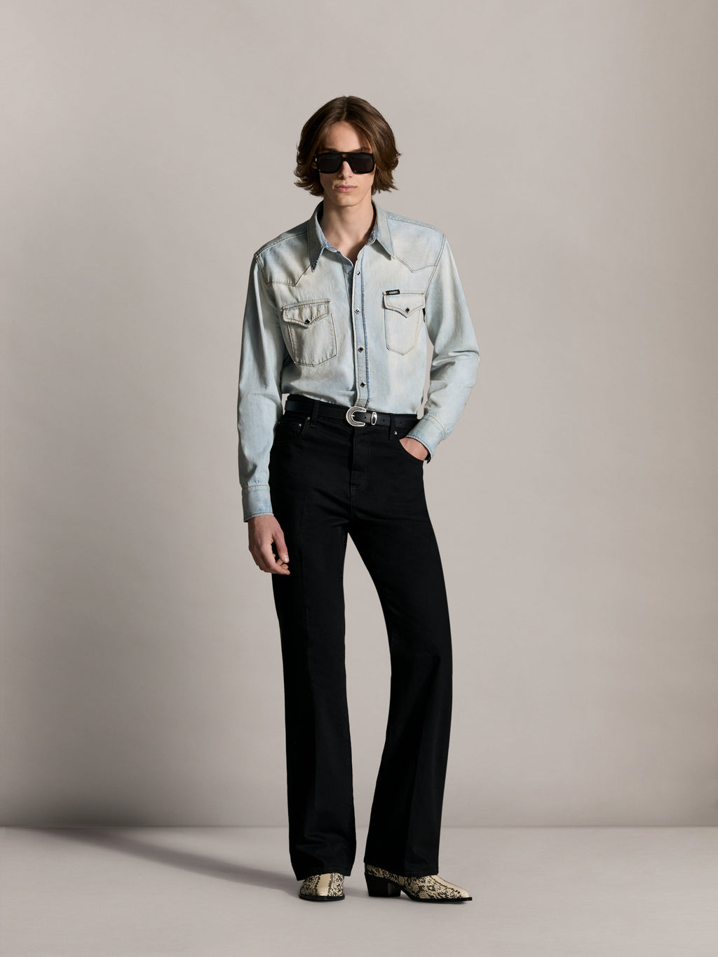 WESTERN DENIM LONG SLEEVE SHIRT - Snow Indigo