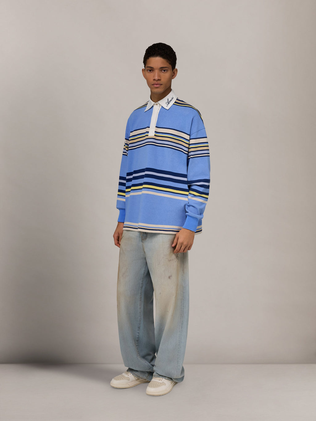 STRIPED OVERSIZED LONG SLEEVE POLO - Blue